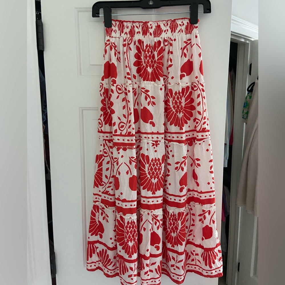 Haute Hippie Red and White Tiered Midi Skirt Resort Wear